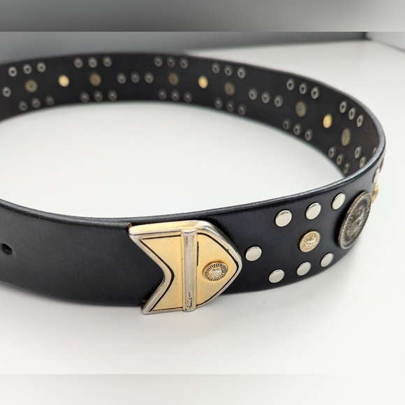Vintage Unisex Black Studded Leather Sun Medallion Belt - Picture 6 of 11